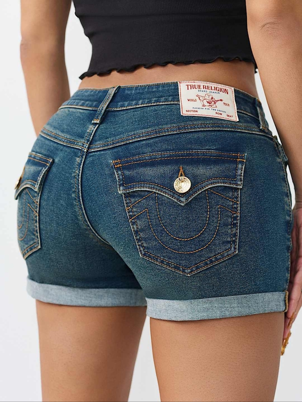 True Religion Jayde Mid Rise Flap Shorts Dark Thunderbolt Wash 28